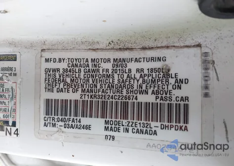 2004 Toyota Matrix Standard из США, поврежденный, VIN 2T1KR32E24C226674